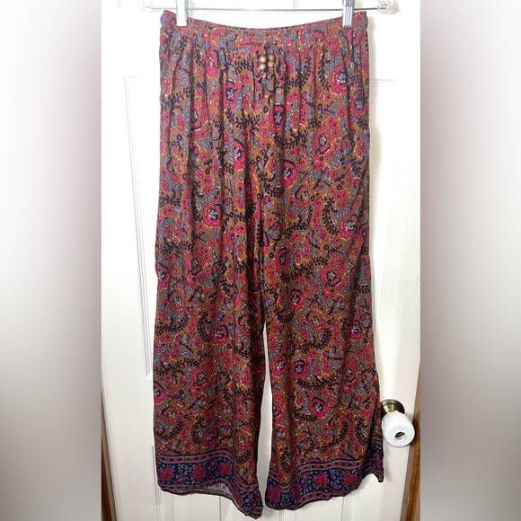 Haute Hippie Palazzo Pants Wide Leg High Rise Brown/Pink/Blue Floral Light M - Picture 1 of 3